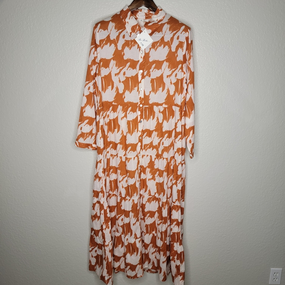 Be Boho Womens Long Sleeve Collard Button Down Maxi Dress Size XL